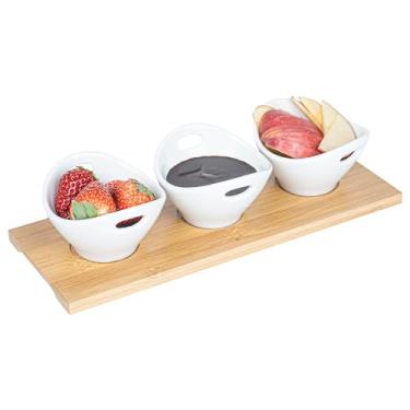Imagem de Conjunto de tigelas de porcelana com bandeja – Três tigelas de 9,5 cm com bandeja de bambu rústica – Ótimo para festas ou lanches de servir – Branco – 170 g – 1 caixa – restaurante