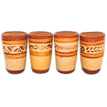 Imagem de MEXTEQUIL - Tequila Shot Glasses - Set of 4 Terracotta Mexican Shot Glasses - 2 Oz - Natural & Colorful Clay - Barro Canelo & Capulineado - Handcrafted Hand-painted (Wo Handle)
