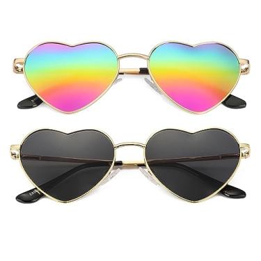 Imagem de JOVAKIT Óculos de sol com coração polarizado para mulheres, estilo adorável, armação de metal, lentes de proteção UV400, U7 Pacote com dois: (ouro/arco-íris espelhado + dourado/cinza), lenswidth