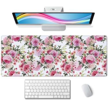 Imagem de Padrão floral com rosas tapete de mesa rosa grande estendido tapete de mouse pad GG tapete de mesa mousepad teclado mouse pad para computador laptop 70.9 cm x 29.7 cm base de borracha antiderrapante