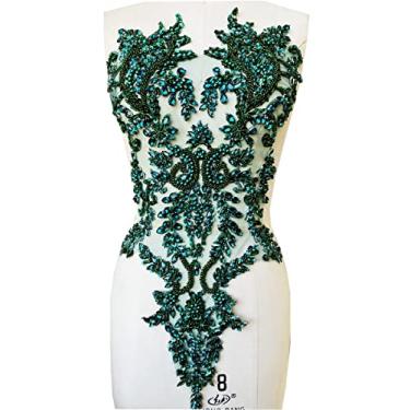 Imagem de Apliques de renda de strass feitos à mão costurados em remendos de acabamento de contas para acessórios de roupas sociais (verde-escuro)
