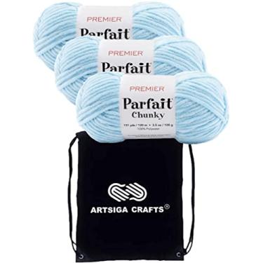 Imagem de Premier Yarns Fio de poliéster Parfait Chunky Light Blue 1150-05 (3 novelos - mesmo lote de corante) Peso P volumoso nº 6 para crochê e tricô com bolsa de projeto