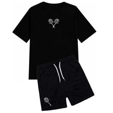 Imagem de Conjunto Masculino Blusa e Short Relaxado Moda Praia Flor, Camiseta, S