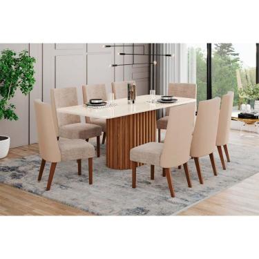 Imagem de Conjunto: Mesa Sala Jantar Solana SC66 Tampo Madeirado c/ Vidro Canto Curvo 200x90cm e 8 Cadeiras Anne Nature/Courano/Creme - Henn