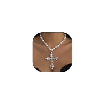 Imagem de Colar feminino com pingente de cruz de zircão de pérola cintilante, ajustável, dourado, redondo, pérola, crucifixo, gargantilha à base de fé, joias presentes para batismo, Large, Metal, Zircônia
