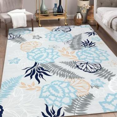 Imagem de WESTLOOM Tapete lavável, 23,5 x 30,5 cm, tapete de área floral moderno, antiderrapante, grande, tapete de casa de fazenda, tapete de chão para sala de estar, quartos, cinza claro/azul