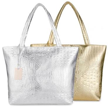 Imagem de Bolsa feminina grande de ombro bolsa de viagem elegante bolsa de couro fuax crocodilo Hobo alça superior, Prata e ouro, Large