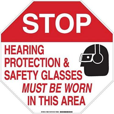 Imagem de Brady 128682 Placa de proteção pessoal, legenda "Stop Hearing Protection and Safety Glasses Must Be Worn", 45,7 cm de altura, 45,7 cm de largura, preto e vermelho em branco