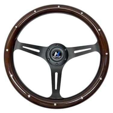 Imagem de Hiracing Volante universal de grão de madeira clássico de 35,5 cm com 3 raios escovados rebitados, 3,8 cm de profundidade, com botão de buzina, 6 parafusos (006)