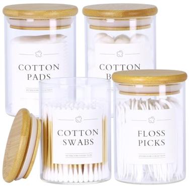 Imagem de INIUNIK Dispensador de suporte Qtip com 4 unidades - frascos de boticário de vidro com tampas, suporte redondo de cotonete de bola de algodão, acessórios de banheiro de bambu, organizadores de