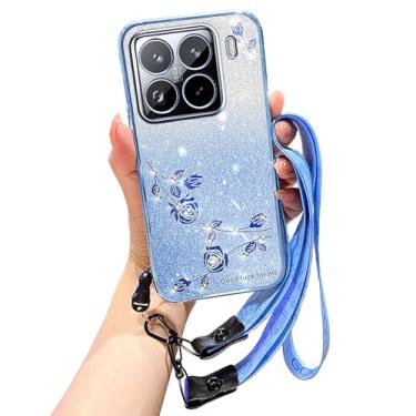 Imagem de MRRSIWEI Capa transversal para Xiaomi 15 Pro, luxuosa flor brilhante brilhante com cordão transversal para mulheres meninas capa fofa à prova de choque para Xiaomi 15 Pro. Flor de diamante azul