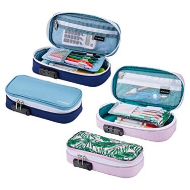 Imagem de Estojo de lápis It's Academic Lock, para material de escritório e escolar, bolsa organizadora de viagem, compacta, alta capacidade, peso leve, palmeira e azul, pacote com 2