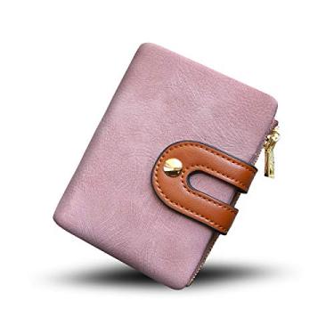 Imagem de Carteira feminina pequena de couro com duas dobras RFID e bolso para moedas, compacta e macia, rosa, Small