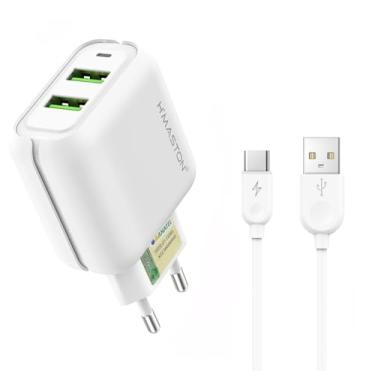 Imagem de H'MASTON Carregador Turbo Fonte Carregador 25W + Cabo Tipo-C V8 Lightning com 2 Saída USB Compatível com iPhone Android Branco (Y24-3 TIPO-C)