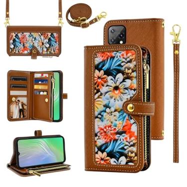 Imagem de Furiet Capa carteira floral para Blackview A55 com alça de pulso, alça de ombro, carteira flip com zíper, couro PU de luxo, suporte para cartão de identificação de crédito, acessórios, capa de celular