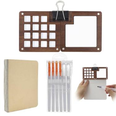 Imagem de Mini conjunto de tinta aquarela portátil, paleta de tinta de madeira com clipe de fichário, bandeja de paleta de tinta aquarela para viagem, caixa com mini caderno de desenho e canetas de pincel de