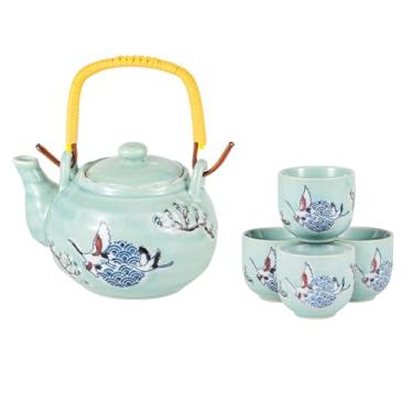 Imagem de Conjunto de chá de porcelana de guindaste japonês de 591 ml com 4 xícaras conjunto de chá azul celeste para presente