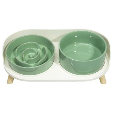 Imagem de Tigelas elevadas para cães de alimentação lenta - conjunto de tigelas de cerâmica para comida e água com suporte - Pratos elevados para animais de estimação para cães pequenos e médios