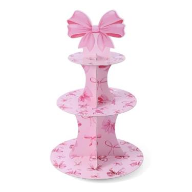 Imagem de BOXOB Suporte de cupcake rosa com laço, copo de papelão, torre de bolo, suporte grosso de papel para festa, suporte de cupcake com nó de laço, decoração de mesa de bolo de aniversário e sobremesa