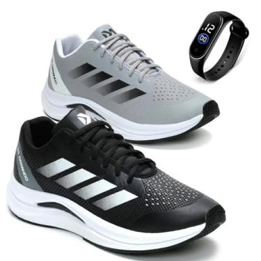 Imagem de Combo 2 Tênis Masculino Academia Esportivo Caminhada Corrida Leve Confortavel com Relógio Digital (Preto e Cinza, BR, Adulto, Numérico, 42)