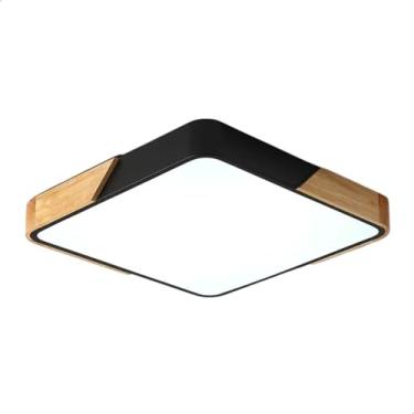 Imagem de Luminária Plafon Quadrada Com Design Amadeirado em Bambu 3 Cores de Luz Bivolt De Teto Quarto Cozinha Sala Escritório (Preto)