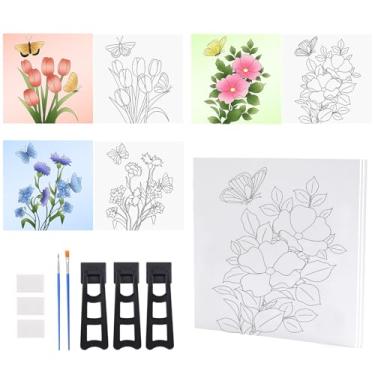 Imagem de HICOHAND Telas pré-impressas, kit de pintura DIY de 3 peças, tela pré-desenhada para pintura com suporte autoadesivo para presentes de festa, tema floral