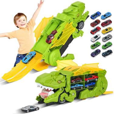 Imagem de Brinquedo de caminhão de dinossauro LINEQIC com 12 carros fundidos sob pressão para crianças de 3 a 7 anos
