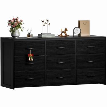 Imagem de OURPIC Cômoda preta para quarto, cômoda longa para armário, suporte de TV com 9 gavetas para TV de 65 polegadas, gaveta de tecido de profundidade de 40 cm, organizador de armazenamento grande para