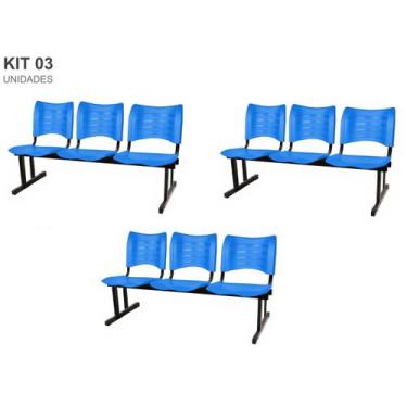 Imagem de Kit com 3 Cadeiras Longarina PLÁSTICA 03 Lugares Cor Azul Mastcmol