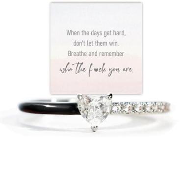 Imagem de Anel de esmalte Strong As Fck Heart S925 Fck It And Begin Again preto cortado em coração metade esmalte zircão incrustado anéis inspiradores ajustáveis amor próprio amizade joias para mulheres, Metal