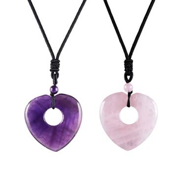 Imagem de TUMBEELLUWA Colares de ametista natural e cristal de quartzo rosa, conjunto de amuleto com 2 peças de pingentes de pedra esculpida com cordão ajustável para homens e mulheres, Ametista e pedra de