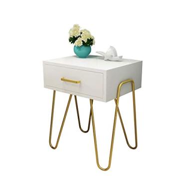 Imagem de P9IDEDFH Mesa de canto elegante decorativa mesa lateral branca pequena mesa de centro quarto elegante mesa de cabeceira de metal e com gaveta (quadrada) mesa de centro