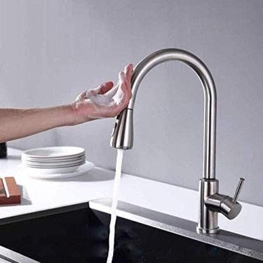 Imagem de WYUYIWH Torneira misturadora de cozinha moderna, bico duplo, torneiras de cozinha sem toque com spray removível 360 torneira giratória sensor automático alavanca única torneira de pia de cozinha