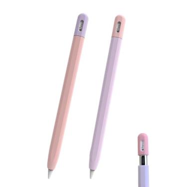 Imagem de B-JWYFY Pacote com 2 capas de silicone para Apple Pencil USB C, capa fina durável, cabo leve para Apple Pencil 3ª geração de acessórios de proteção (rosa e roxo)