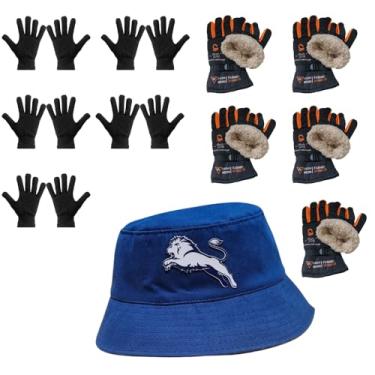 Imagem de Luva Básica, Luva de Moto Forrada, Chapeu Bucket - Kit's (5 Luva Preta + 5 Luva de Moto Laranja + 1 Chapeu Azul)