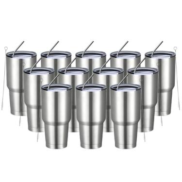 Imagem de MEWAY Copo isolado de 850 g com tampas e canudos, copo de café a vácuo duplo de aço inoxidável, escova, copo de café durável revestido em pó para bebidas frias e quentes, escritório, viagem (prata,