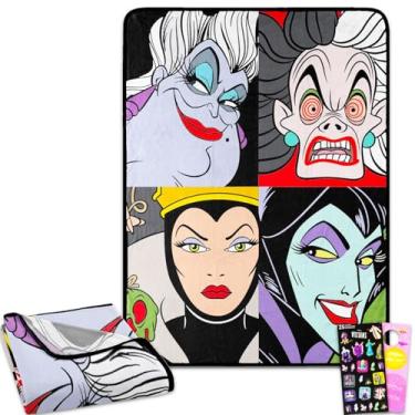 Imagem de Disney Conjunto de cobertores Villains – Pacote com manta com Ursula, Cruella de Vil, Evil Queen, Malévola Plus, adesivos mais | Cobertor Raschel de pelúcia Disney Villains tamanho 117 cm x 152 cm