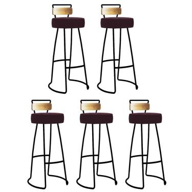 Imagem de Kit 05 Banqueta Alta Alice Bar Balcão Cozinha Com Encosto Madeira Ferro Preto Suede Bordô