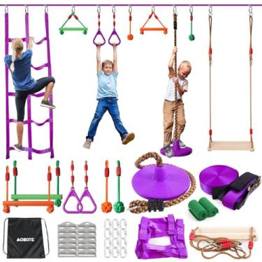 Imagem de Pista de obstáculos Ninja Warrior para crianças - Slackline 15,8 m com 9 acessórios, assento Awing, rede de escalada, barra de macaco - pista de obstáculos ao ar livre - equipamento de brinquedo para