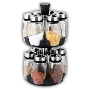 Imagem de Kit Porta Condimentos Giratório 12 Potes de Vidro 110ml, Suporte de Aço Inoxidável e PP, Organizador para Temperos e Especiarias, Compacto e Moderno