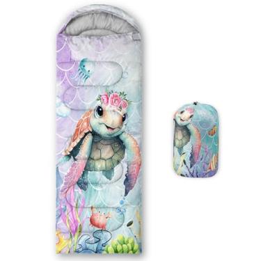 Imagem de Smell Sunshine Saco de dormir infantil para meninos e meninas, estampa de tartaruga rosa, leve, quente, portátil, uso interno, impermeável, resistente ao clima frio, saco de dormir para acampamento e