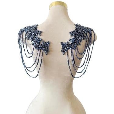 Imagem de 1 par de enfeites de strass com contas para roupas, dragonas, remendos de ombro, aplique de borlas de lantejoulas de diamante costurado para vestido de casamento, acessórios DIY 9,8 x 10,5 cm (azul