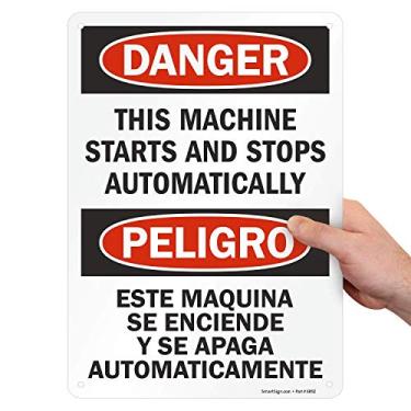 Imagem de Placa bilíngue "Danger - This Machine Starts And Stops Automatically" da SmartSign | Alumínio de 25,4 cm x 35,5 cm