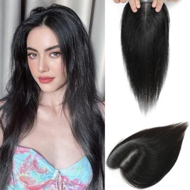 Imagem de SARO-UP Toppers de cabelo para mulheres com base de renda suíça amarrada à mão sem franja 25 cm para cabelos finos (preto natural)