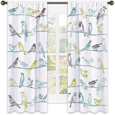 Imagem de Cortina com isolamento térmico de pássaros, vários tipos de pássaros sentados e cantando em fios, estampa de criaturas musicais, cortinas blackout com absorção de som para decoração de sala de