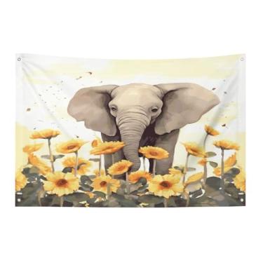 Imagem de Bandeira com quatro furos, bandeiras para todos os climas, bandeira decorativa impressa de elefante e girassol, bandeiras de poliéster adequadas para uso interno e externo 89 x 159 cm