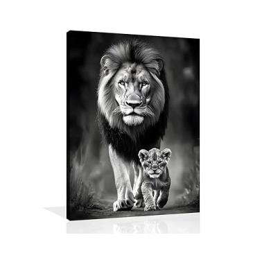 Imagem de OWNANRTHM Arte de parede em tela de leão preto e branco pôster de leão e filhote imagens de animais selvagens preto e branco para sala de estar quarto decoração de parede emoldurado 30 x 40 cm
