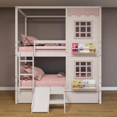 Imagem de Treliche Casinha Reta 2 Janelas Escorregador Branco Rosa - Housin