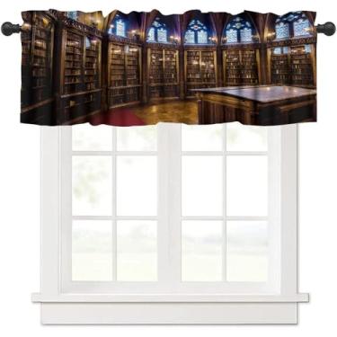 Imagem de Cortina de estante de livros para cozinha, biblioteca de livros vintage da idade média, estante de livros padrão de meados do século, tratamento de janela, cortinas de bolso para varão, para sala de