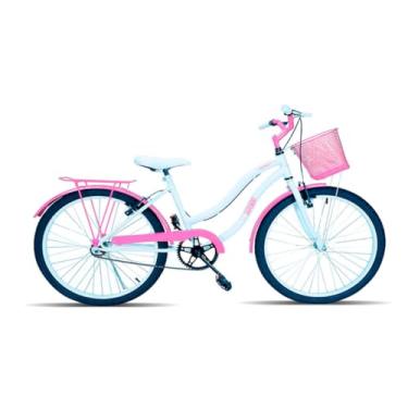 Imagem de Bicicleta Infantil Forss Hello, Aro 24, Com Cestinha e Bagageiro, Para 9 a 12 Anos (Branco/Rosa)